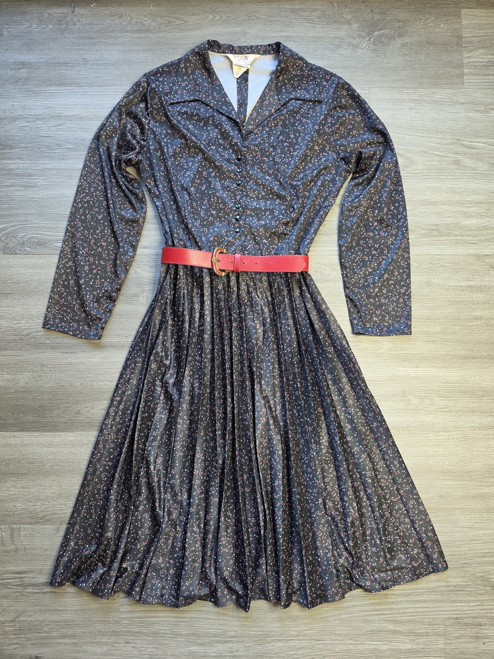 Dark Blue Micro Floral Long-Sleeve Pleated Midi Dress - Picture 7 of 13